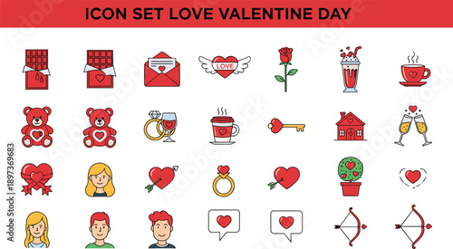 Valentine’s Day icon set featuring hearts, gifts, flowers, teddy bears, champagne, love letters, and romantic symbols in colorful flat style for festive design