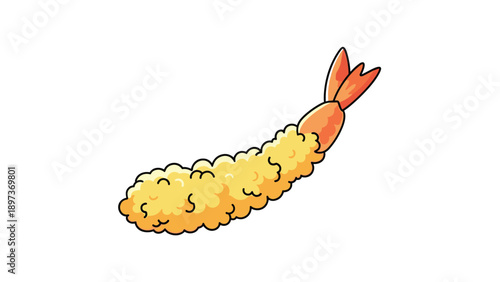 Hand-drawn illustration of a delicious piece of crispy fried tempura shrimp often served in Japanese cuisine as a snack.