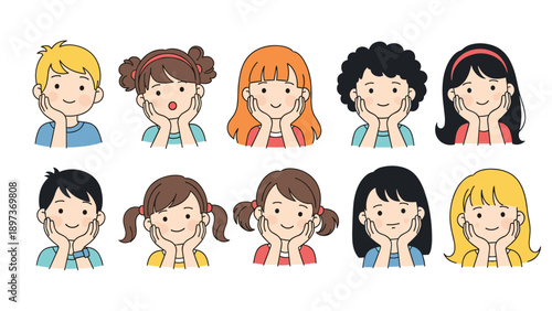 Collection of diverse young boys and girls resting their chins on their hands with happy facial expressions in a cute style.