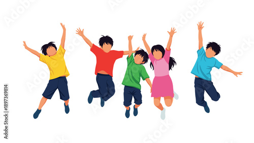 Silhouettes of several children jumping and dancing with joy against a white background representing energy and active play.