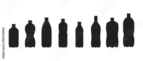 Collection of Black Plastic Bottles of Various Shapes and Sizes Isolated on White Background.