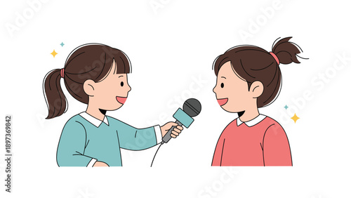 Two young girls engaged in an interview where one holds a microphone and the other speaks with a happy facial expression.