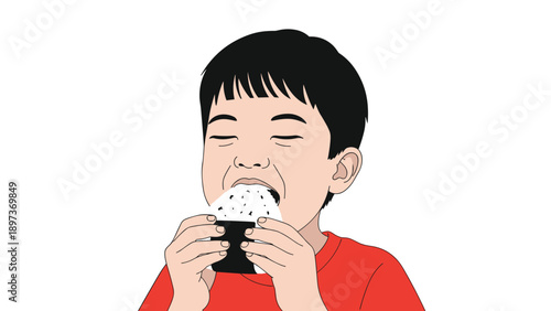 Happy young boy enjoying a large rice ball or onigiri with his eyes closed in delight against a plain white background.