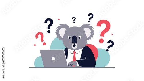 Illustration of a koala wearing a business suit and tie looking confused at a laptop surrounded by floating question marks.