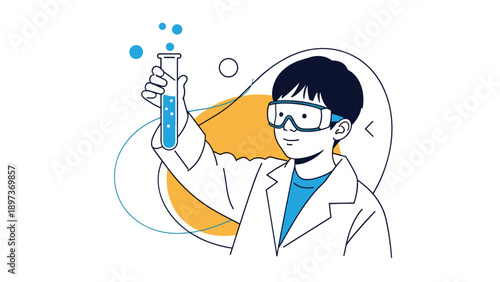 Young boy in a laboratory coat and safety glasses smiles while examining a test tube containing blue liquid for science.