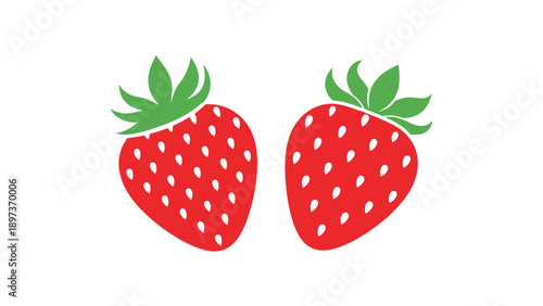 Simple graphic illustration of two bright red strawberries with green leaves against a clean white background for food design.