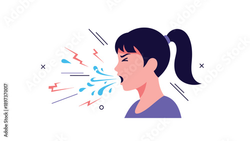 Profile of a young girl sneezing with visible droplets and symbols representing cold, flu, or allergy symptoms.