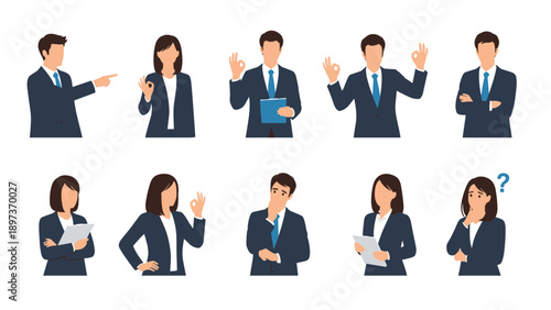 Collection of business professional characters in various poses including presenting, thinking, and giving the OK sign.