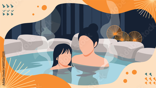 Mother and daughter relaxing in a steaming outdoor hot spring bath surrounded by rocks and decorative abstract patterns.