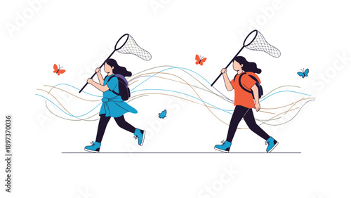 Two young women with backpacks running and holding butterfly nets to catch colorful butterflies in a nature setting.