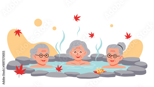Three happy senior women with grey hair enjoying a relaxing dip in a hot spring surrounded by autumn maple leaves.