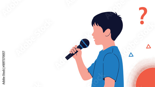 Profile silhouette of a young boy holding a microphone and speaking or singing against a clean white background.