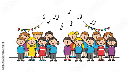Group of diverse young children singing in a chorus with musical notes and festive bunting flags above their heads.