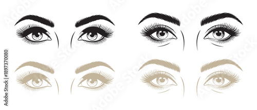 Diverse Female Eyes with Makeup Styles, Sketch & Realistic, isolated on white background.