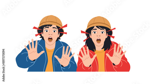 Two young children, a boy and a girl, looking extremely shocked with wide eyes and open mouths in a comic style.