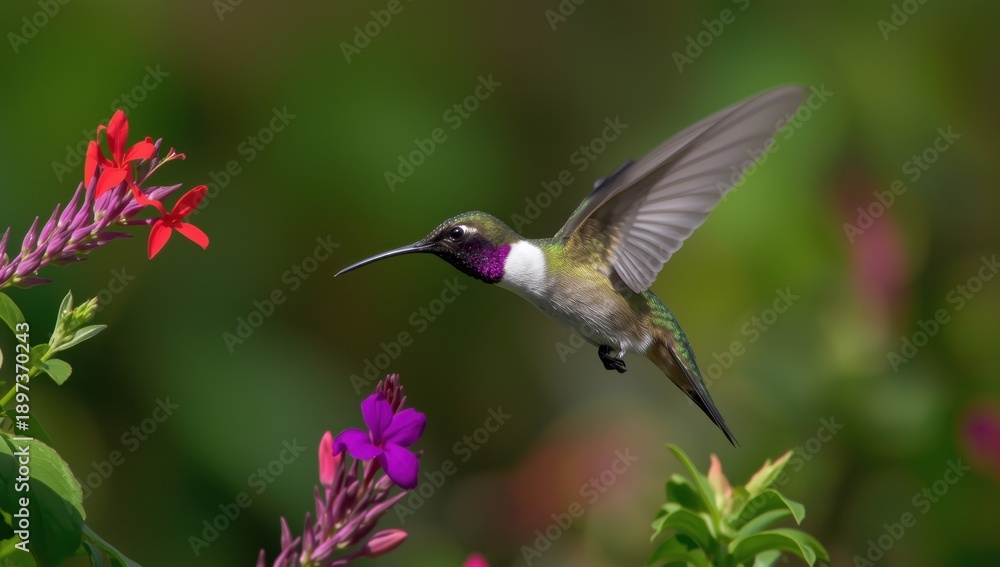 Fototapeta premium Male purple-throated mountaingem hummingbird swiftly darts among flowers in Curi Cancha Nature Reserve, Puntarenas, Costa Rica