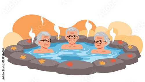 Group of smiling senior citizens enjoying a relaxing outdoor hot spring bath surrounded by autumn leaves in nature.