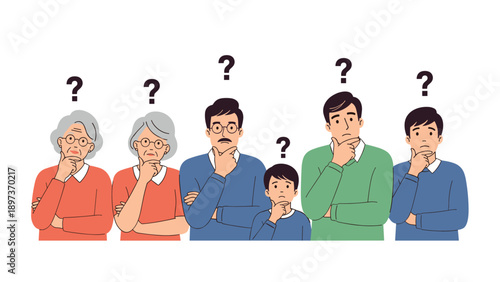 Diverse group of people from different generations looking thoughtful and confused with question marks above their heads.