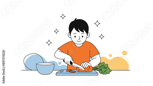 Young boy in an orange shirt carefully chopping a fresh carrot on a wooden board to prepare a healthy meal at home.