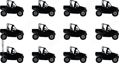 UTV silhouette vector set with driver, black white off-road vehicle clipart, side-by-side buggy illustration, recreational transport design bundle