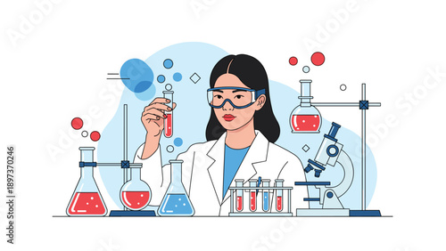 Professional female scientist in a white lab coat conducting an experiment with test tubes and microscope in a laboratory.
