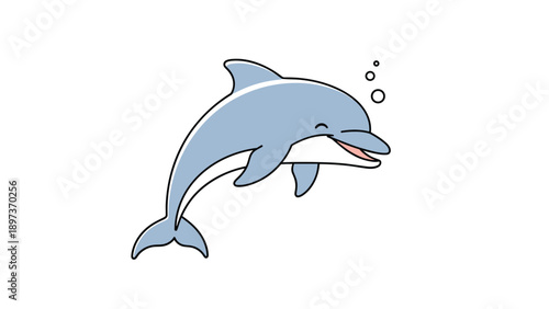 Friendly blue dolphin jumping out of the water with air bubbles in a simple and cute cartoon character illustration.