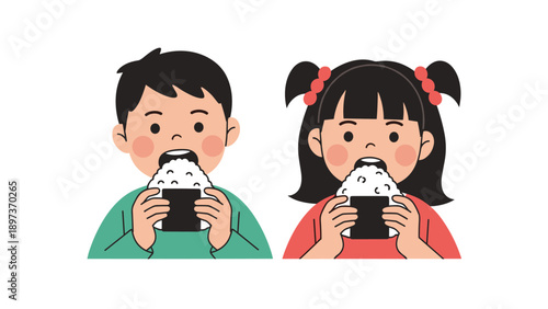 Two children eating traditional japanese rice balls for lunch as they enjoy a healthy and nutritious homemade snack.