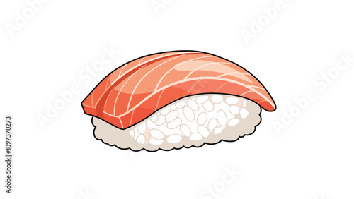 Fresh salmon nigiri sushi piece with sliced fish on vinegared rice shown in a detailed food illustration style.
