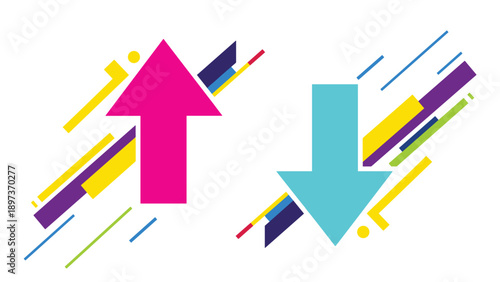 Colorful abstract arrows pointing up and down representing growth and decline or positive and negative trends in data.
