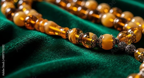 Islamic amber prayer beads on green velvet background with silver ornaments and detailed craft