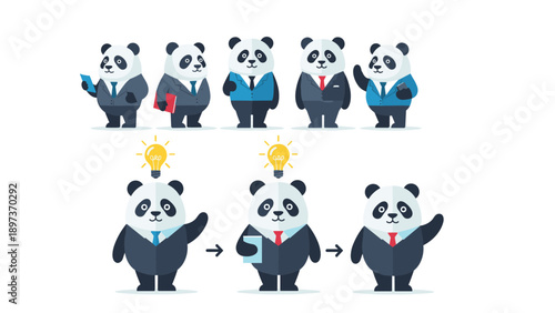 Professional business pandas in suits showing the process of brainstorming and generating new ideas for a project.