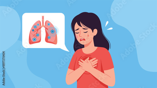 Sick woman suffering from chest pain and breathing difficulties with a visualization of infected lungs in a bubble.
