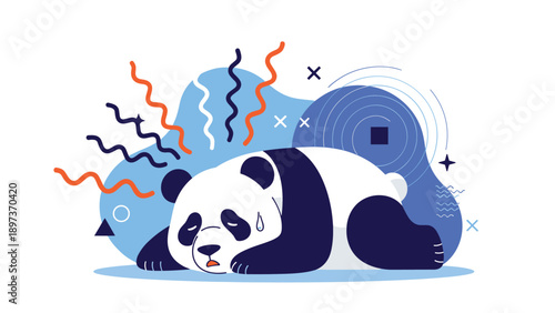 Tired and stressed panda lying on the ground with chaotic lines representing exhaustion or mental confusion.