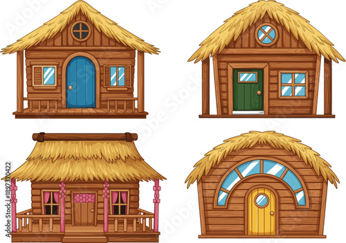 Cartoon wooden huts vector, thatched roof architecture, front view illustration, colorful cabin designs, whimsical house sketch, tropical shelter concept, fantasy building art