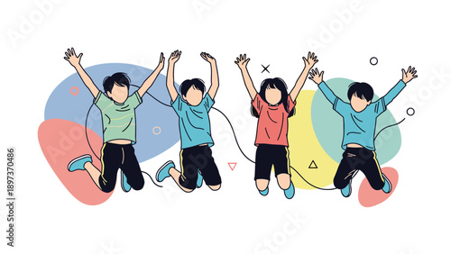 Group of four happy children jumping high in the air with arms raised in a celebration of joy and friendship.