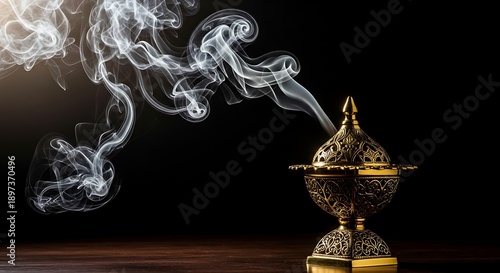 Golden ornate bakhoor burner with white incense smoke against dark background ramadan