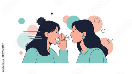 Two women sharing a secret or gossiping with one whispering into the other ears in a stylish illustration style.