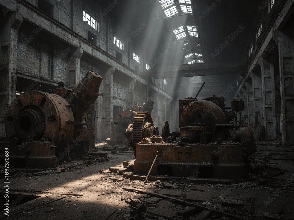 Fototapeta premium Abandoned Industrial Factory Interior with Large Rusty Machinery and Dramatic Light Rays