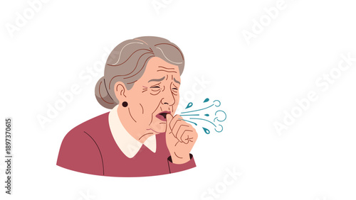 Senior woman suffering from a bad cough and feeling unwell with droplets representing a cold or infection.
