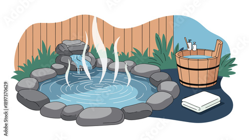 Tranquil outdoor japanese hot spring bath with natural stone border, small waterfall, and a wooden tub.
