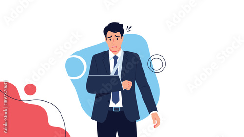 Worried businessman in a suit with his arm in a medical sling after suffering an injury at work or home.