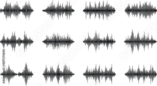 Waveform silhouette vector set, black white audio signal clipart, sound amplitude illustration, digital acoustics design bundle