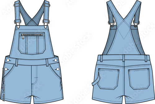 Denim short overalls vector, fashion flat sketch, front and back view, adjustable straps, chest pocket zipper, belt loops, garment construction drawing