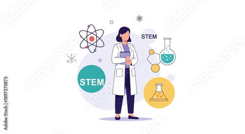 Illustration of a female scientist in a lab coat standing among science and STEM icons on International Day of Women and Girls in Science.