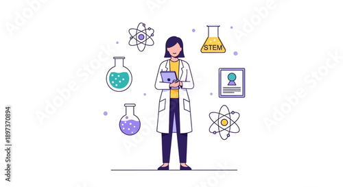 Illustration of a female scientist in a lab coat holding a tablet, surrounded by science-related icons, symbolizing the International Day of Women and Girls in Science.