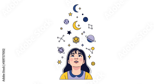 Illustration of a little girl looking up at celestial objects and symbols for International Day of Women and Girls in Science, with a design featuring people icons.