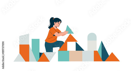 Illustration of a little girl building with colorful blocks on International Day of Women and Girls in Science, symbolizing future female scientists in a creative, educational setting.