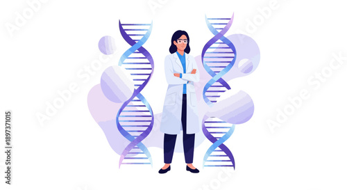 Illustration of a woman in a lab coat standing beside DNA helixes on International Day of Women and Girls in Science, symbolizing gender equality in science.