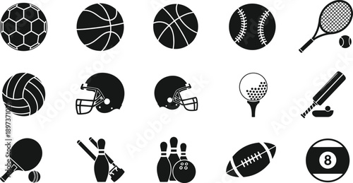 Comprehensive black and white sports equipment icon collection featuring balls for soccer basketball baseball tennis football bowling and cricket for athletic competition design graphics