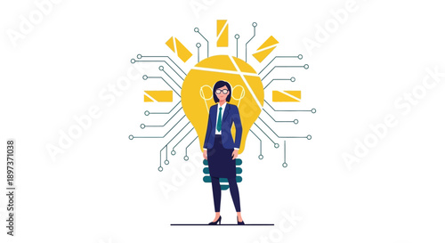 Illustration of a woman in a blue suit standing in front of a yellow lightbulb with circuit lines on International Day of Women and Girls in Science.